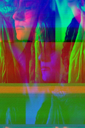 a couple of women standing next to each other, flickr, video art, ((neon colors)), young with long hair, refracted, hippy