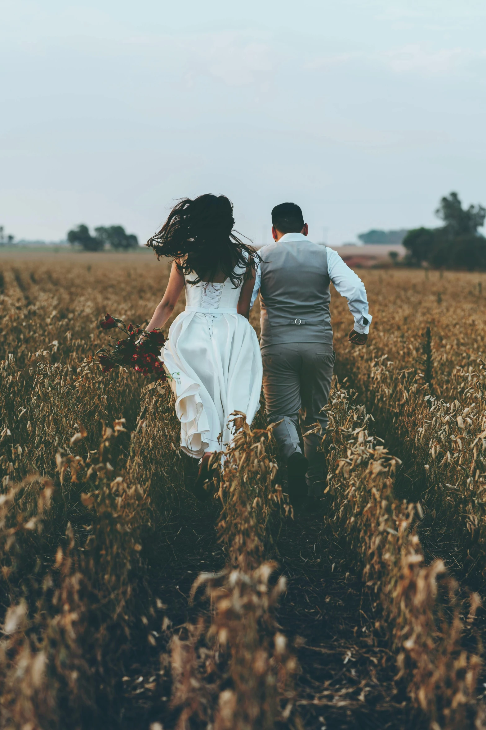 a bride and groom running through a field, pexels contest winner, renaissance, farming, rectangle, instagram picture, college