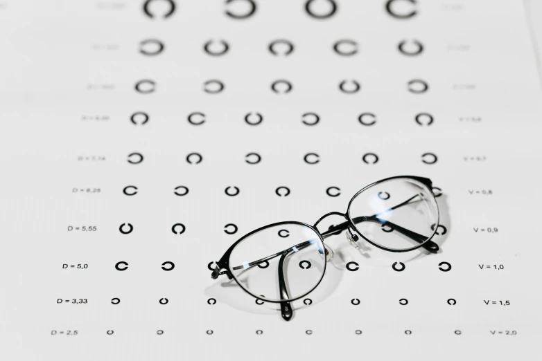 a pair of glasses sitting on top of an eye chart, a picture, pixabay, optical illusion, grid of eye shapes, detailed professional photo, a very macular woman in white, glasses frames