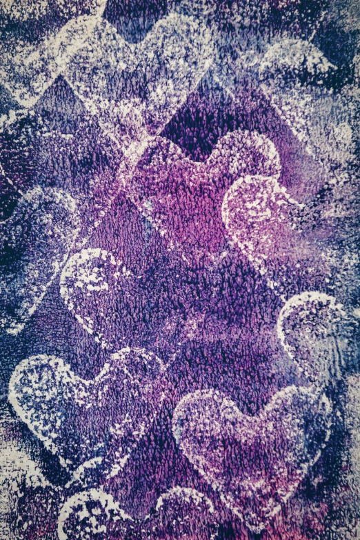 a bunch of hearts sitting on top of a table, an album cover, inspired by Mark Tobey, trending on deviantart, ((purple)), textile print, close - up photograph, cyanotype