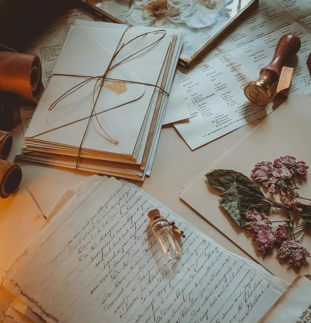 a bunch of papers sitting on top of a table, by Emma Andijewska, pexels contest winner, romanticism, brown flowers, magical items, detailed letters, thumbnail