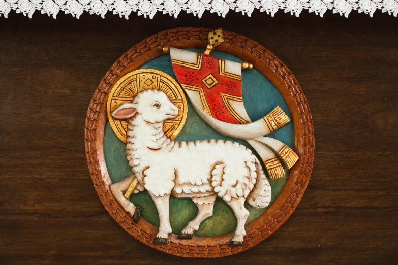 a white sheep standing on top of a wooden table, a detailed painting, inspired by Károly Markó the Elder, shutterstock, arts and crafts movement, ornate medieval religious icon, on a wooden plate, trinity, heraldry