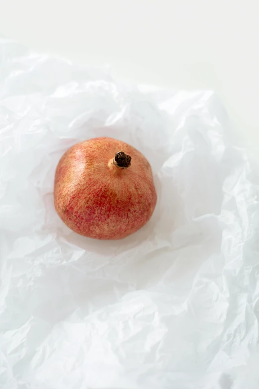 a pomegranate sitting on top of a plastic bag, made of silk paper, on white paper, facing camera, looking off to the side