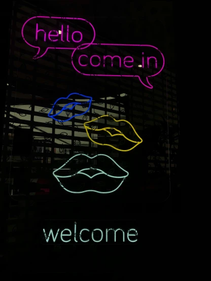 a neon sign on the side of a building, by Robbie Trevino, reddit, lipstick, welcome, instagram story, profile image