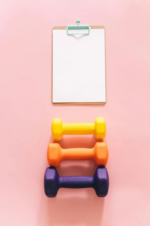a clipboard, dumbbells and a clipboard on a pink background, a picture, trending on pexels, {perfect body}, 15081959 21121991 01012000 4k, instagram story, brightly colored