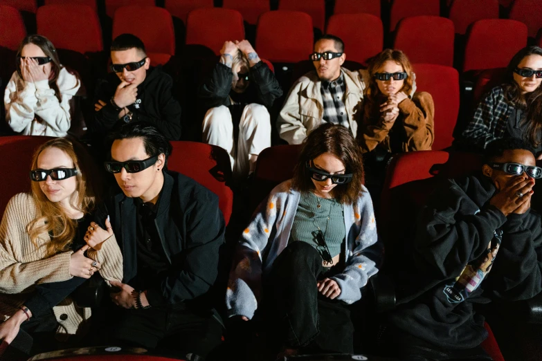 a group of people sitting in a movie theater, a cartoon, trending on pexels, bauhaus, digital sunglasses, hito steyerl, instagram photo, keng lye