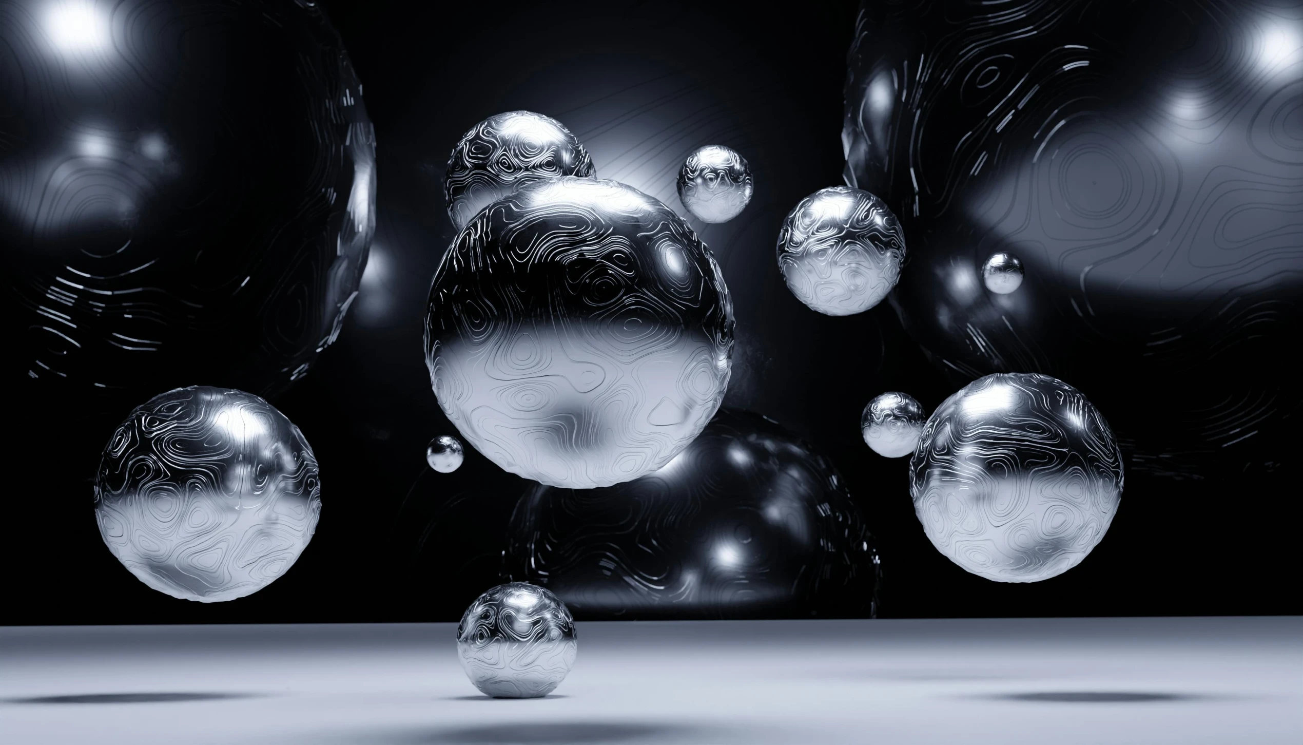 a bunch of shiny spheres floating in the air, a 3D render, inspired by Otto Piene, unsplash contest winner, liquid metal, 8k render”