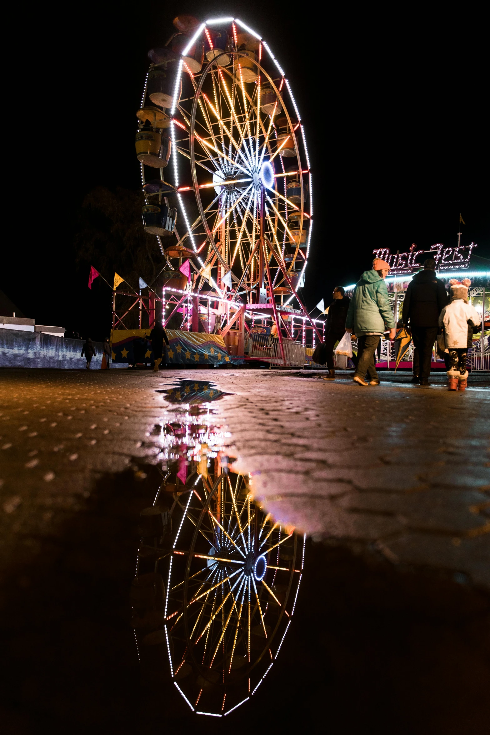 a ferris wheel is reflected in a puddle of water, by The Family Circus, winter wonderland, profile image, lightshow, ultra wide