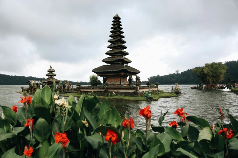 a pagoda in the middle of a body of water, by Daniel Lieske, pexels contest winner, sumatraism, flowers, square, grey, thumbnail