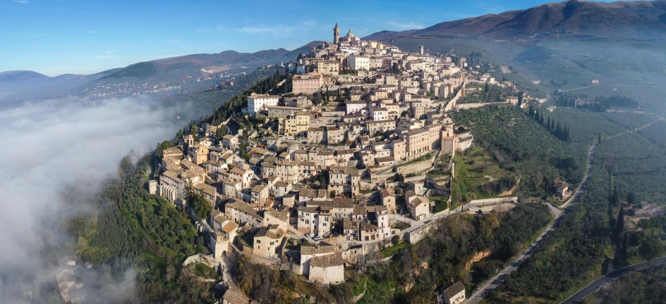 an aerial view of a small town on top of a mountain, by Carlo Martini, pexels contest winner, renaissance, square, blond, annie liebowitz, sienna