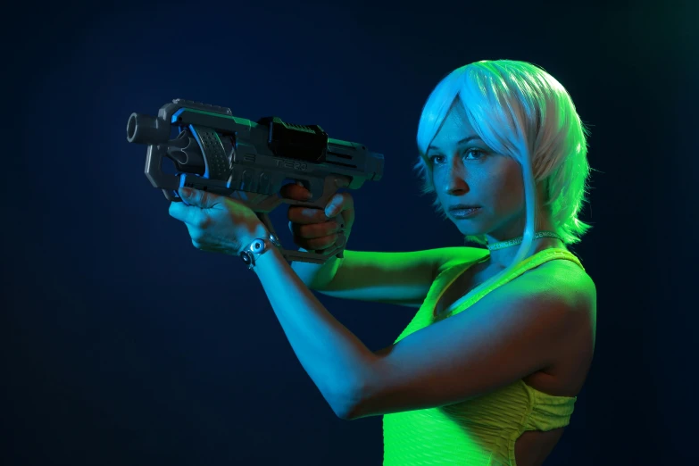 a woman in a yellow dress holding a gun, inspired by Leng Mei, holography, vivid green lasers, girl with short white hair, cosplay photo, 3d printed