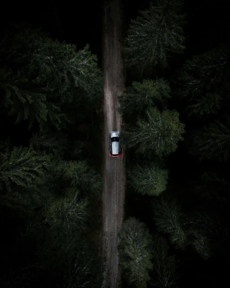 a car driving through a forest at night, a picture, unsplash contest winner, minimalism, bird\'s eye view, ((forest)), off - road, single portrait