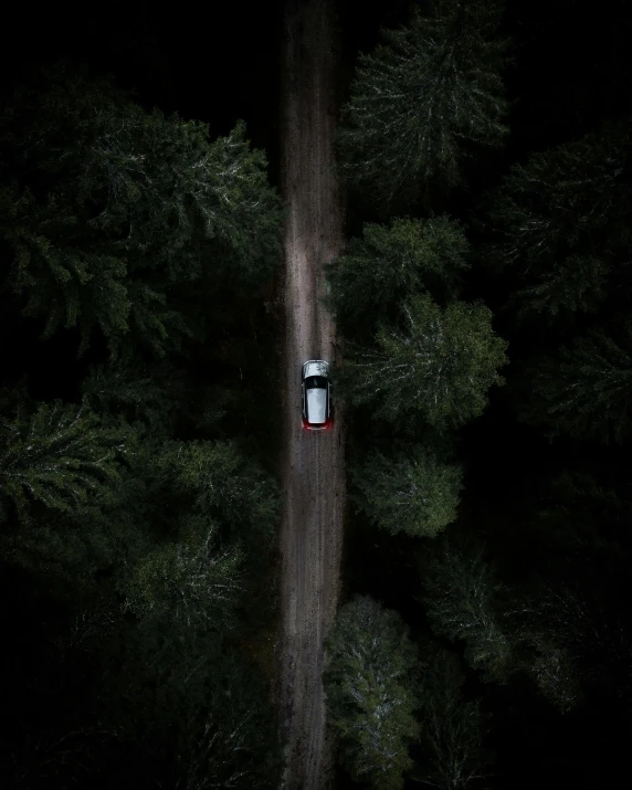 a car driving through a forest at night, a picture, unsplash contest winner, minimalism, bird\'s eye view, ((forest)), off - road, single portrait