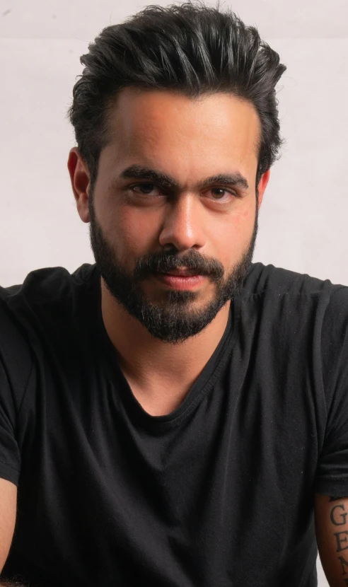 a man with a beard wearing a black shirt, a character portrait, by Ahmed Yacoubi, low quality photo, promotional image