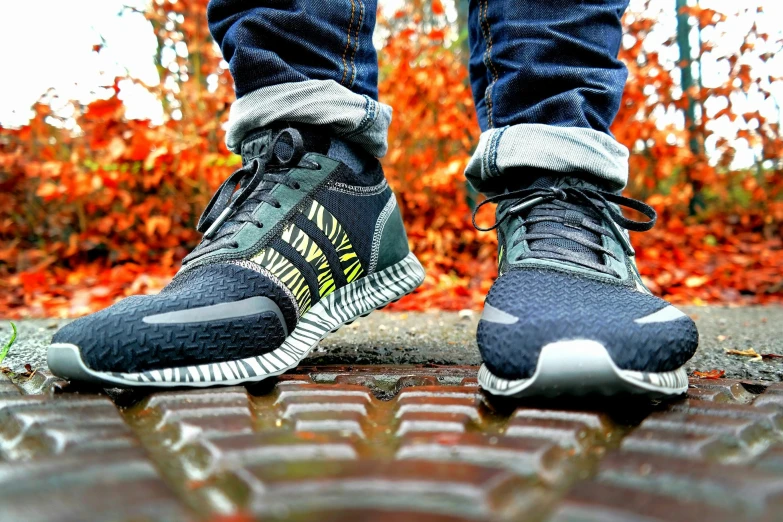 a close up of a person's shoes on a sidewalk, by Adam Marczyński, pexels contest winner, graffiti, colorful ferrofluid armor, wearing adidas clothing, walking upright in a forest, blue jeans and grey sneakers