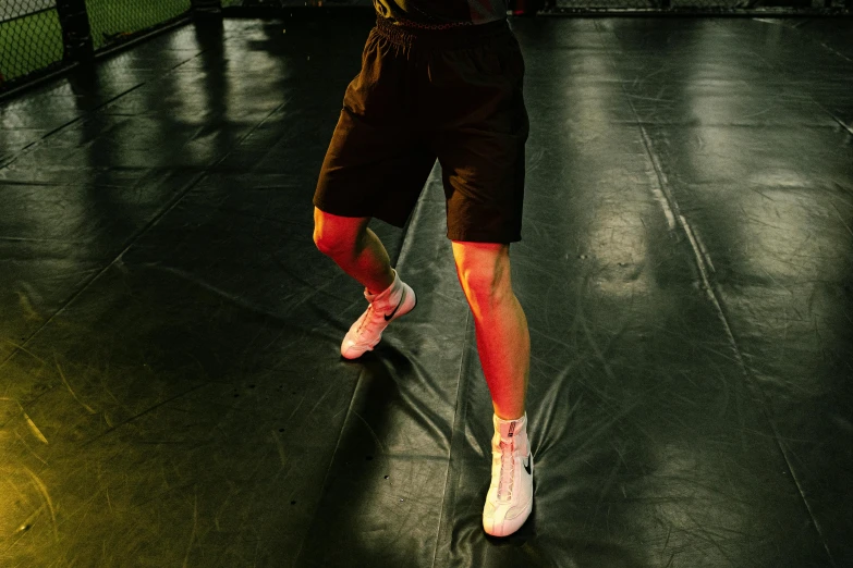 a man holding a tennis racquet on top of a tennis court, dribble, standing in a dimly lit room, thighs thighs thighs thighs, boxing stance, wearing black shorts