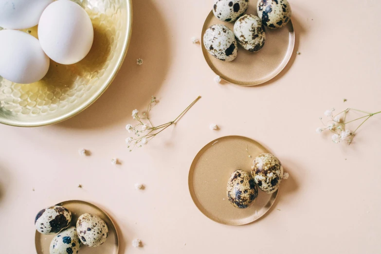 a bowl of eggs sitting on top of a table, by Arabella Rankin, trending on unsplash, cloisonnism, brass plates, white with chocolate brown spots, minimal pink palette, birds