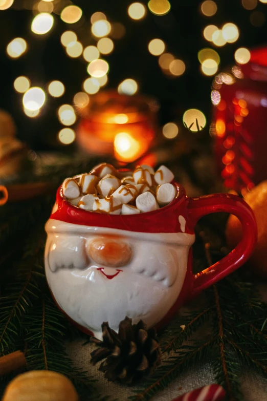 a close up of a cup of hot chocolate with marshmallows, a portrait, by Julia Pishtar, fine art, santa, made of glazed, warm lights, thumbnail