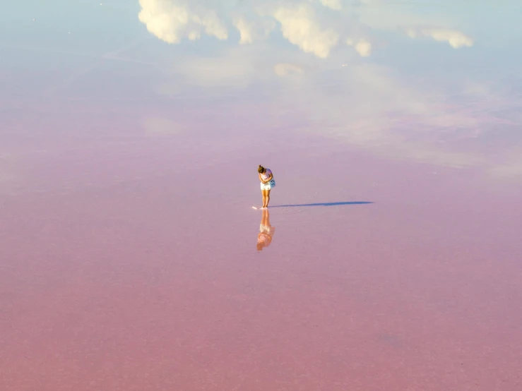 a little girl that is standing in the water, inspired by Scarlett Hooft Graafland, unsplash contest winner, pink landscape, mirrored, made of cotton candy, muted colours 8 k