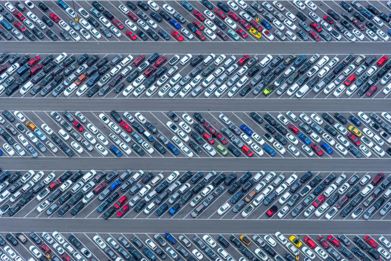 a parking lot filled with lots of parked cars, inspired by Andreas Gursky, shutterstock, square, thumbnail, drone photograpghy, a colorful