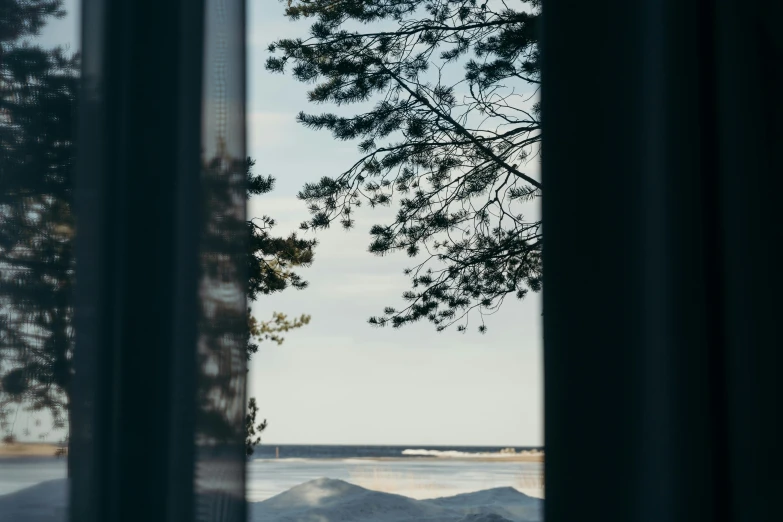 a view of a body of water through a window, inspired by Eero Järnefelt, unsplash contest winner, sparse pine trees, portrait shot, telephoto vacation picture, alvar aalto