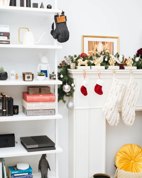 a living room filled with furniture and a fire place, inspired by Ernest William Christmas, trending on unsplash, shelf, wearing stockings, white background, candy decorations