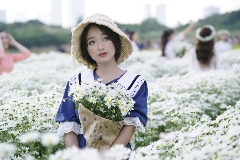 a woman standing in a field of white flowers, a picture, by Tan Ting-pho, visual art, ulzzang, navy, avatar image