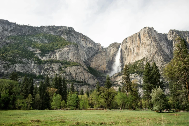 a lush green field with a waterfall in the background, by Kristin Nelson, unsplash contest winner, yosemite valley, trees and cliffs, grey, front facing