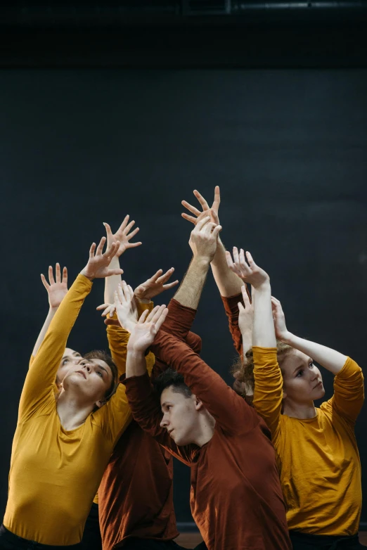 a group of people standing on top of a stage, by Alison Geissler, renaissance, hand gestures, ochre, high quality photo, square