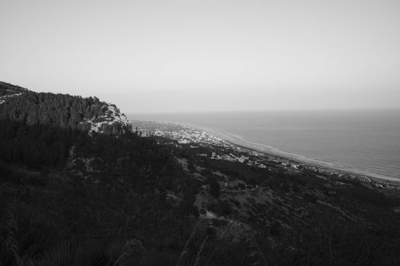 a black and white photo of a beach, a black and white photo, unsplash, city on a hillside, the city of santa barbara, distance view, high quality image”