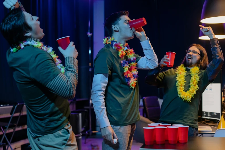 a group of men standing next to each other holding cups, by Ryan Pancoast, college party, mana flowing around it, [ theatrical ], game ready