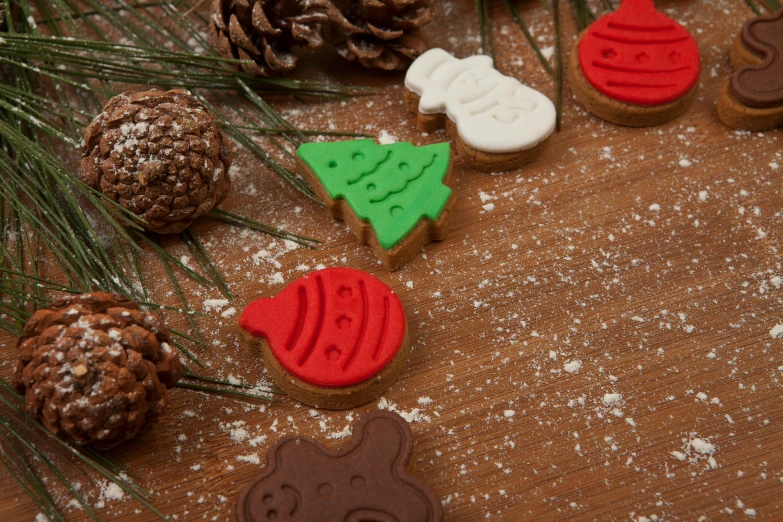 a close up of some cookies on a table, detailed trees, 3 colours, foam, wooden