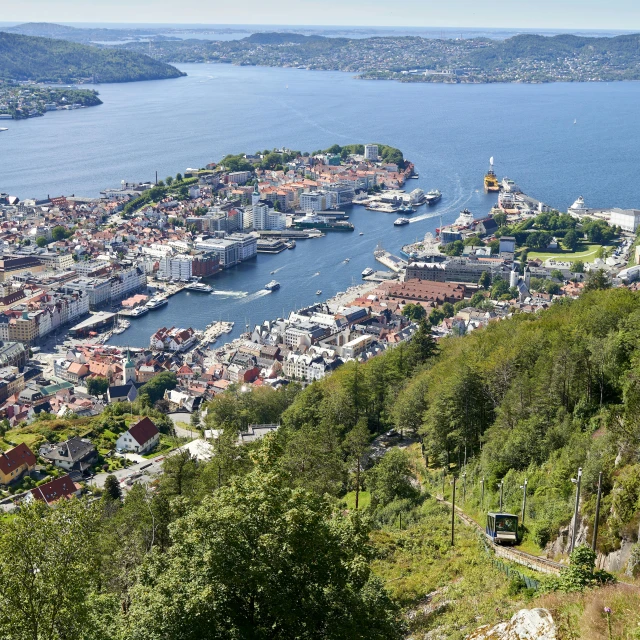 a view of a town from the top of a hill, inspired by Wilhelm Marstrand, pexels contest winner, square, fjords in background, dezeen, brown