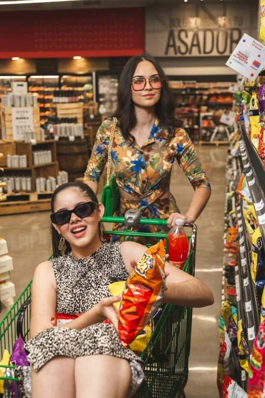 two women sitting in a shopping cart in a grocery store, a portrait, by Meredith Dillman, reddit, wearing orange sunglasses, behind the scenes photo, promotional image, snacks