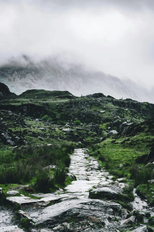 a stream running through a lush green hillside, by Bedwyr Williams, unsplash contest winner, under a gray foggy sky, rocky ground with a dirt path, icy mountains in the background, steps leading down