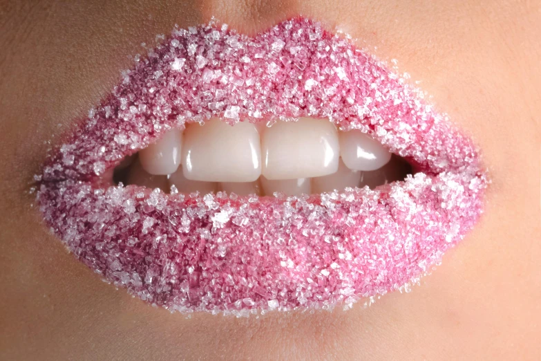 a close up of a woman's lips covered in sugar, inspired by Bálint Kiss, trending on pexels, white and pink, crystal teeth, (snow), pink white turquoise