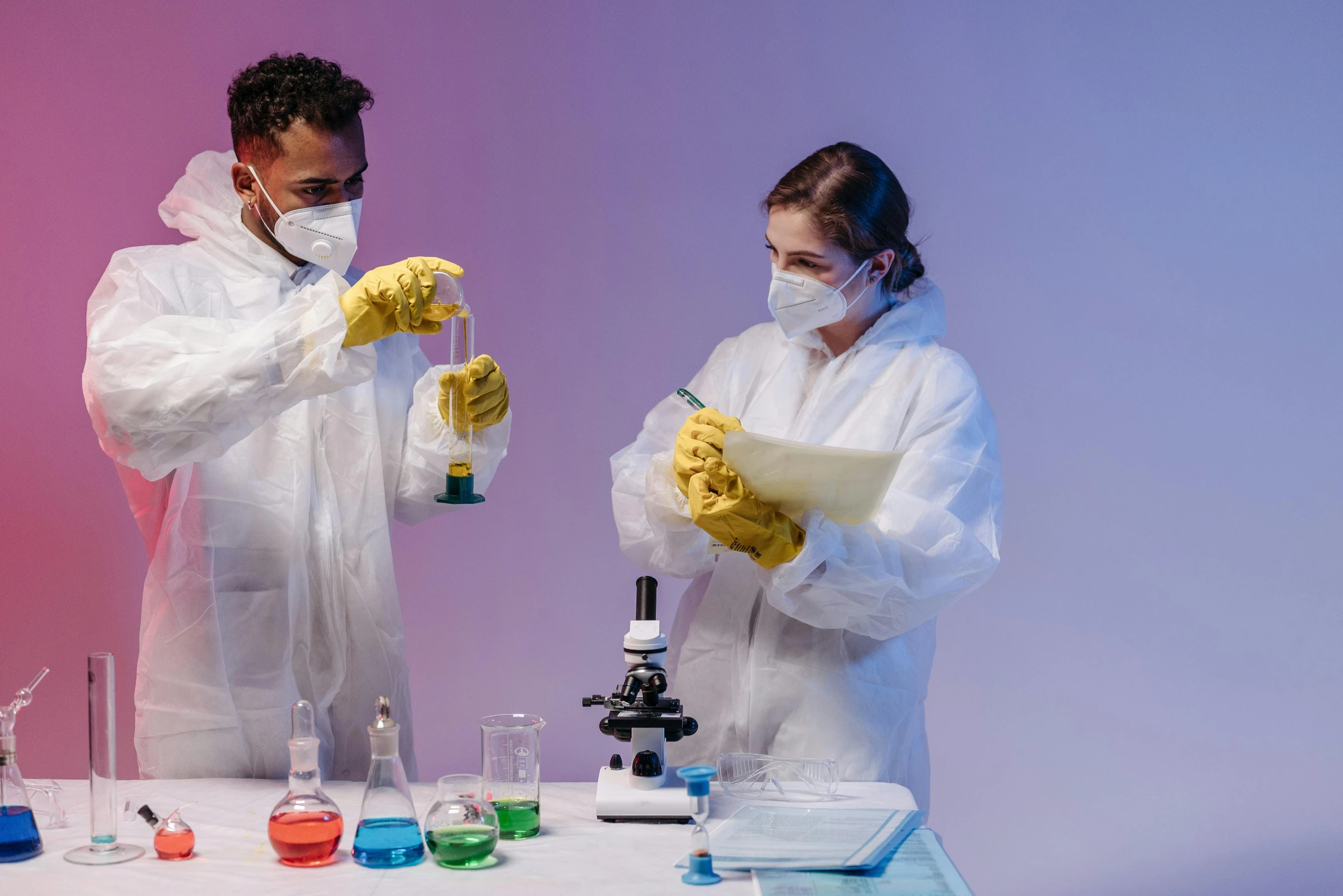 a couple of people that are standing in front of a table, pexels, analytical art, chemicals, wearing gloves, thumbnail, medical image