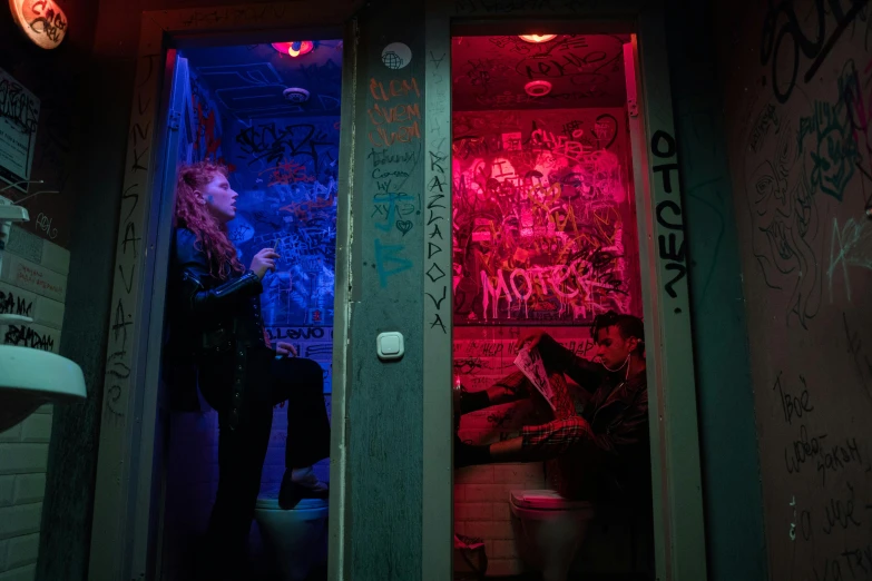 a woman standing in the doorway of a bathroom, cyberpunk art, inspired by Nan Goldin, pexels contest winner, graffiti, two buddies sitting in a room, neon streetlights, siting on a toilet, inherent vice