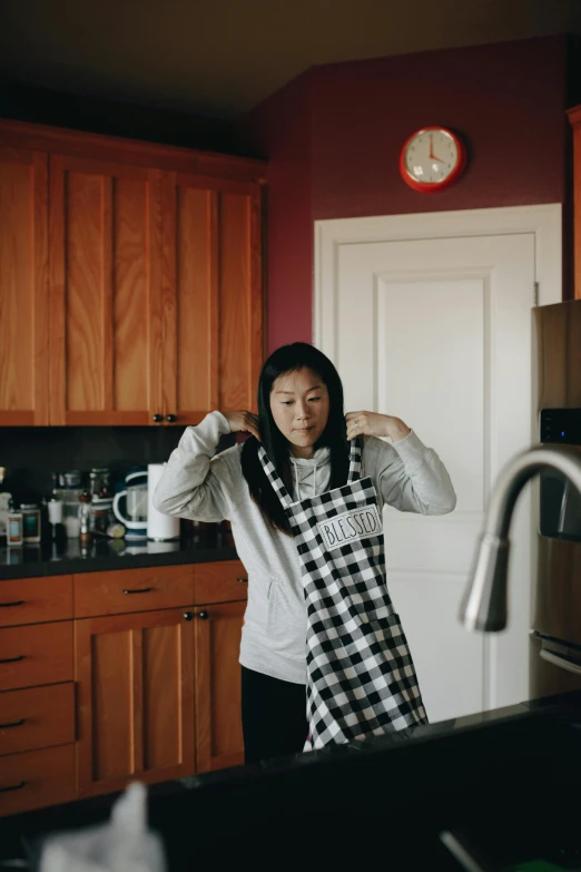 a woman standing in a kitchen next to a sink, wearing plaid shirt, andrew thomas huang, scratching head, long dress with apron