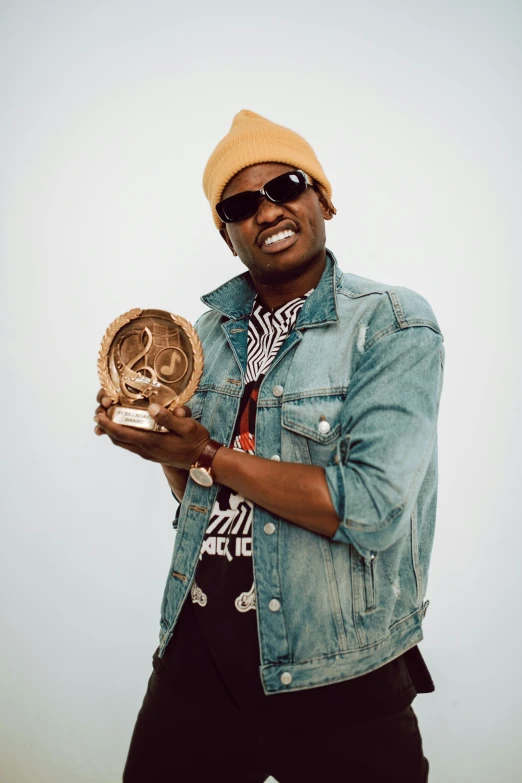 a man in a hat and sunglasses holding a baseball glove, an album cover, visual art, winning award piece, young thug, made in bronze, medium shot portrait