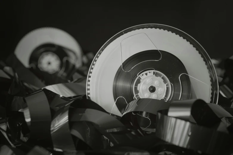 a black and white photo of a pair of brake discs, a black and white photo, unsplash, plasticien, videotape still from 1985, intricate artwork. octane render, old tape, vray cinematic smooth