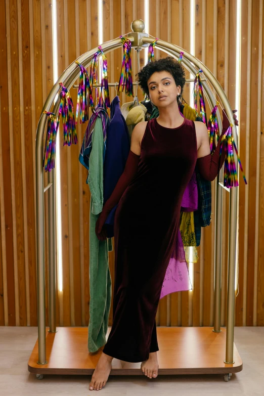 a woman standing in front of a rack of clothes, garbed in a purple gown, an olive skinned, muted rainbow tubing, press shot