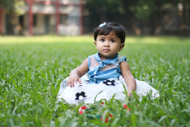 a little girl that is sitting in the grass, by Max Dauthendey, pexels, assamese, square, 2 years old, an elegant