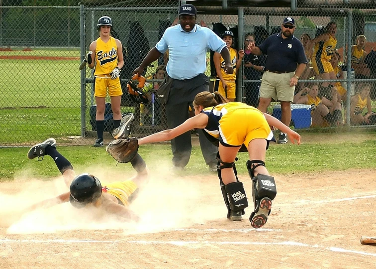 a group of people playing a game of baseball, by Douglas Shuler, pexels contest winner, yellow, girls, crashed in the ground, slide show