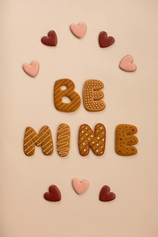 a white plate topped with cookies and hearts, a picture, by Valentine Hugo, trending on pexels, graffiti, lettering clean, behance lemanoosh, brown and pink color scheme, made of food