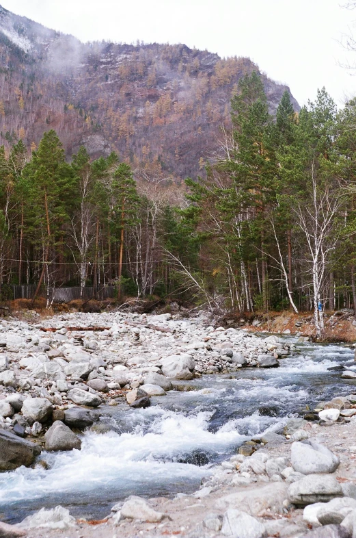 a river running through a forest filled with rocks, kashin, mountain in background, february)