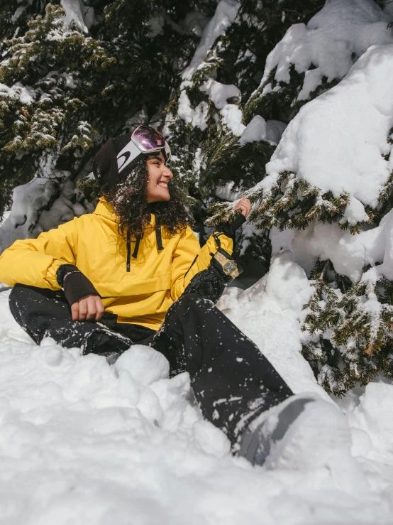 a man riding a snowboard down a snow covered slope, sitting under a tree, wearing a yellow hoodie, a mountain look like a women, profile image