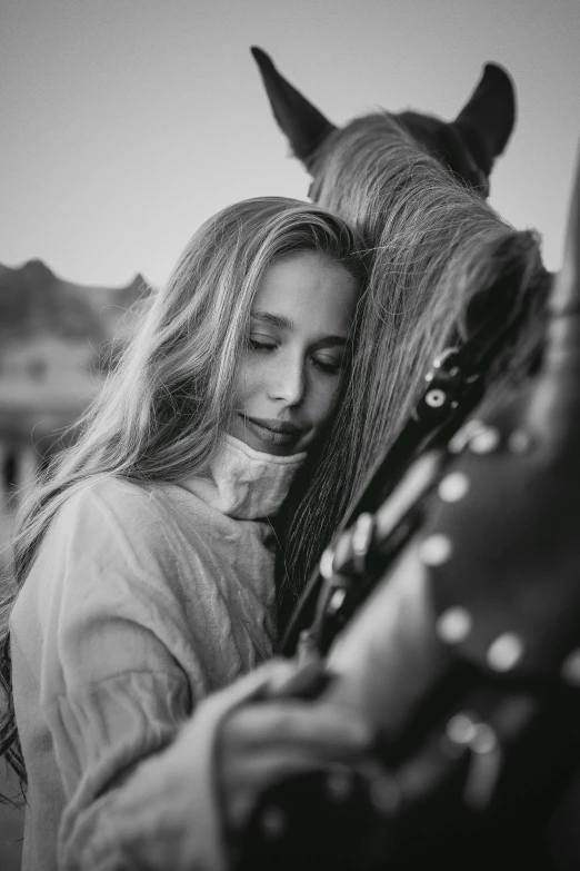 a black and white photo of a woman hugging a horse, pexels contest winner, handsome girl, music, 15081959 21121991 01012000 4k, trending on imagestation