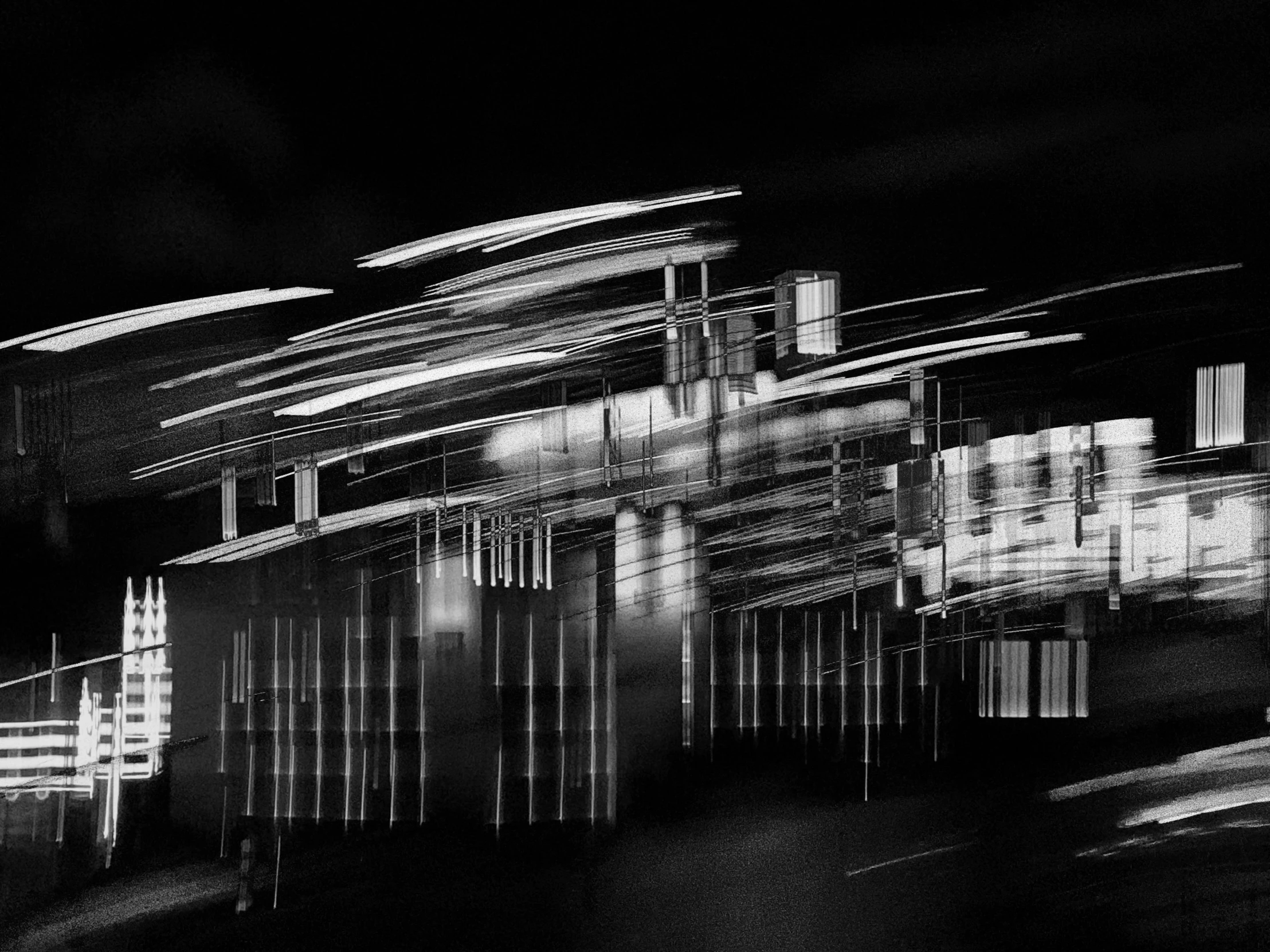 a black and white photo of a city at night, a black and white photo, inspired by Ryoji Ikeda, conceptual art, neon motion, fine art print, abstract!!, xray art