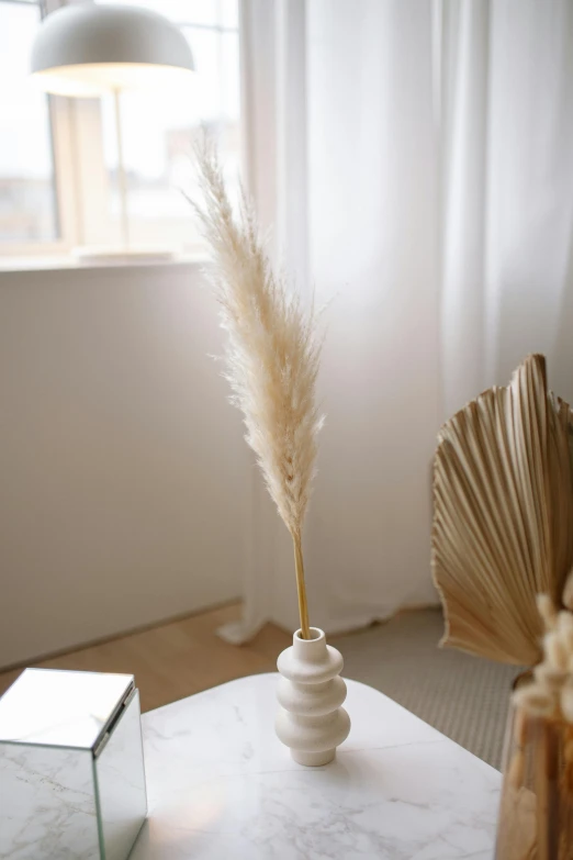 a white vase sitting on top of a table next to a window, golden feathers, white sweeping arches, short dof, product display photograph